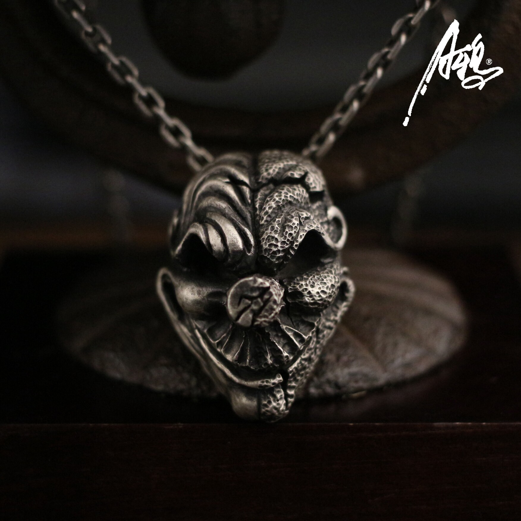 A鸦暗黑先锋哥特原创手工阴阳鬼脸面小丑925纯银高桥太角项链吊坠