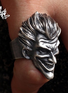 A鸦原创DC蝙蝠侠游戏电影漫画小丑暗黑做旧男女款925纯银个性戒