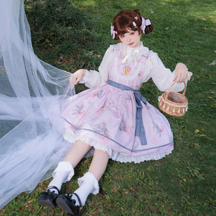 pink木棉少女铃兰小兔sk可调背带裙lolita可爱日常小清新印花原创