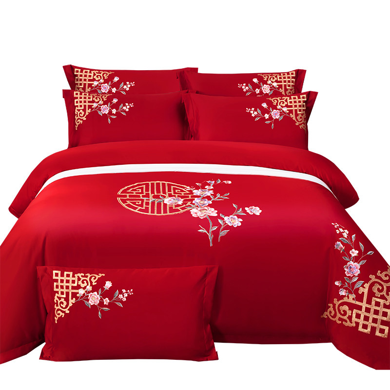 CHINESE WEDDING BEDDING COTTON JET COTTON LONG-STAPLE COTTON EMBROIDERY FOUR-PIECE WEDDING RED QUILT COVER BED SHEETS