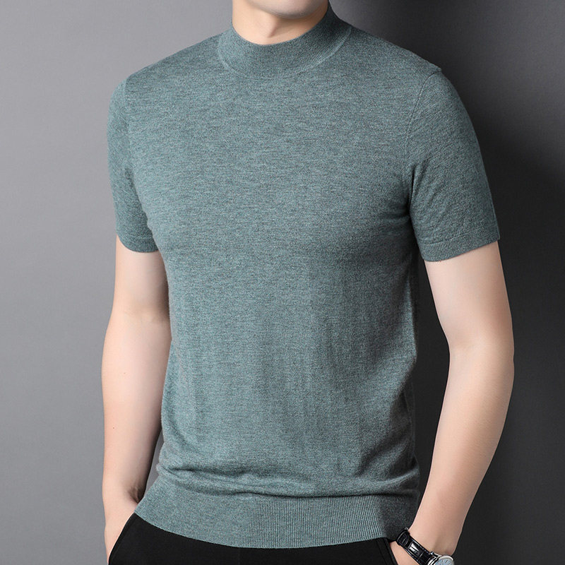 2024秋季薄款半高领短袖纯羊毛衫男修身打底中领羊毛衫半袖薄毛衣