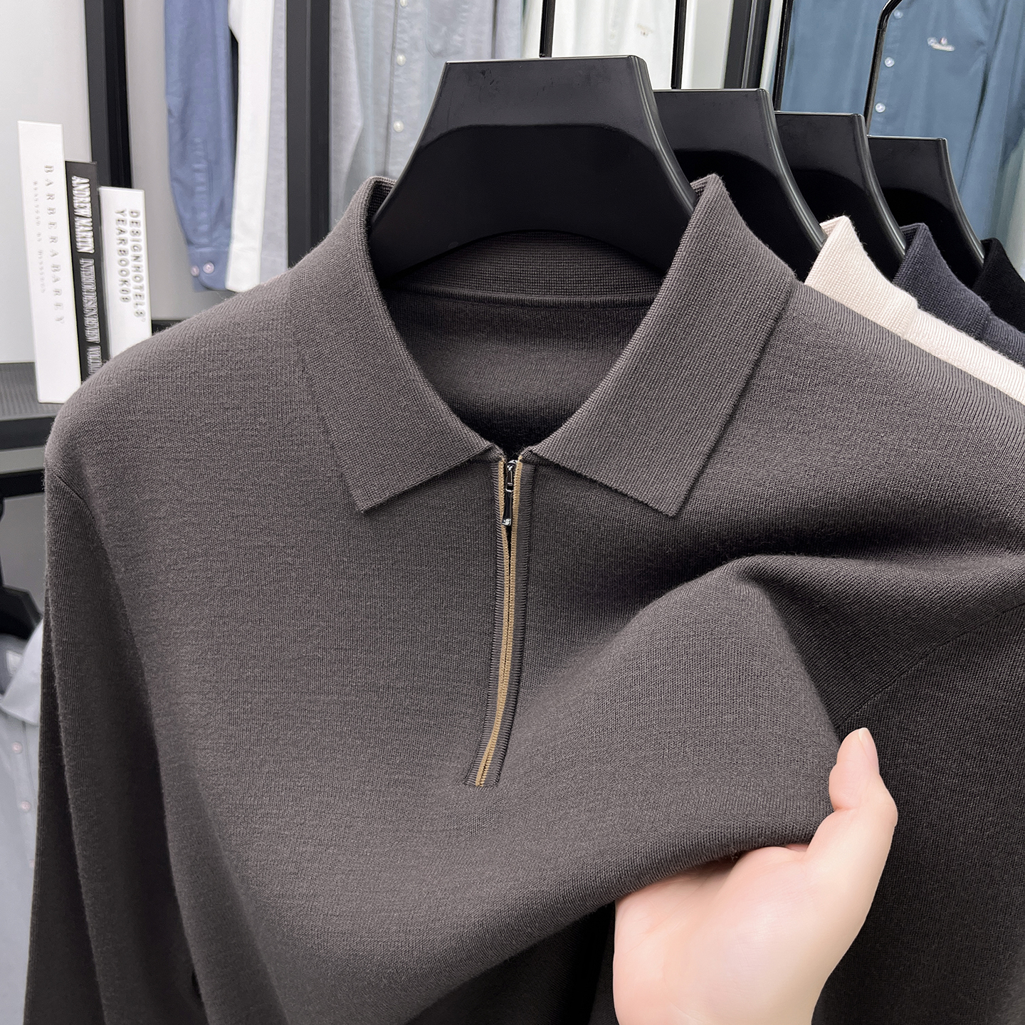 【精纺440克中厚款】16针高密四平拉链翻领羊毛衫纯色针织毛衣T恤