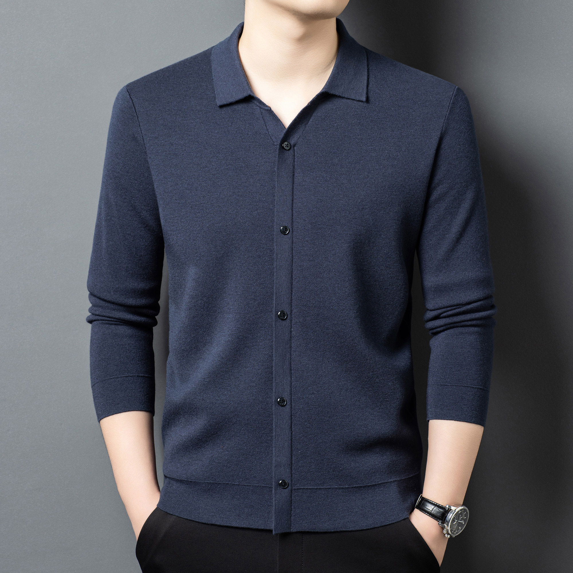 假开衫【100%精纺美利奴羊毛】440克四平加厚纽扣羊毛衫外套男