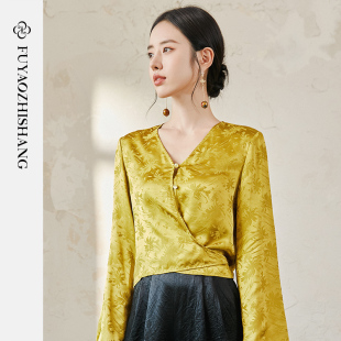 喇叭袖 FUYAO扶摇 新款 女春季 光泽感缎面上衣国风珠扣衬衣 提花衬衫