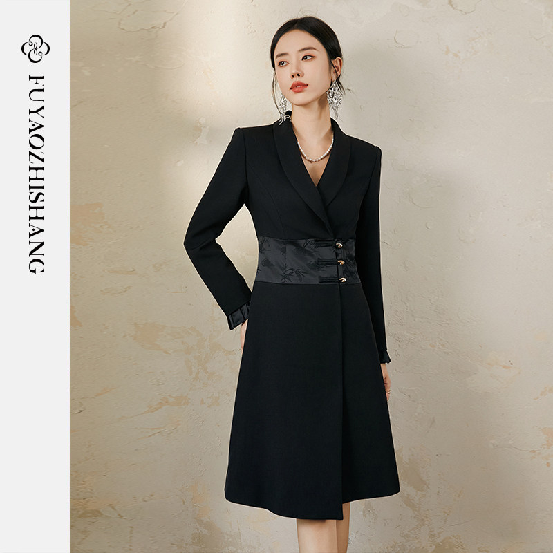 FUYAO扶摇 职业连衣裙女2025秋季新款新中式提花拼接盘扣国风裙子,女装/女士精品,连衣裙,淘宝优惠券,粉丝福利购,淘宝优惠卷