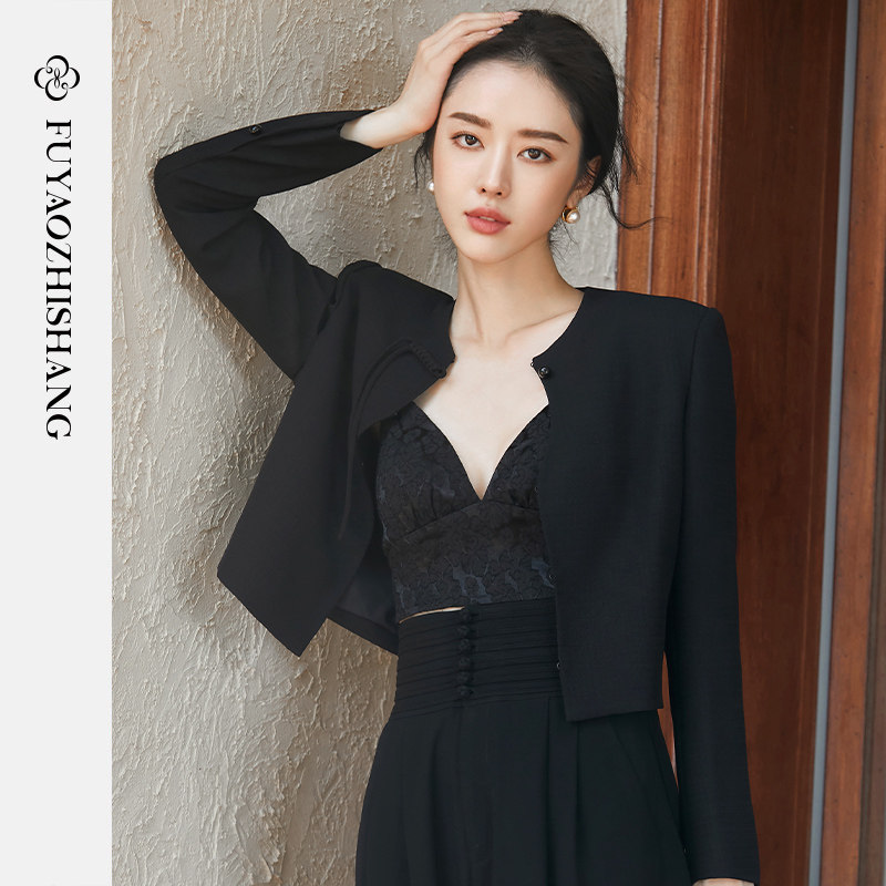 FUYAO扶摇 新品时髦小众国潮中式风圆领短款小西装外套女显瘦气质