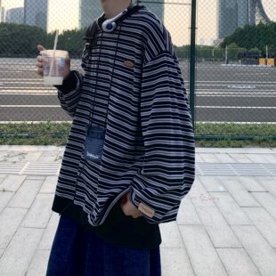 【精品】满68包邮◆2026春秋中性港风潮流时尚条纹宽松圆领卫衣