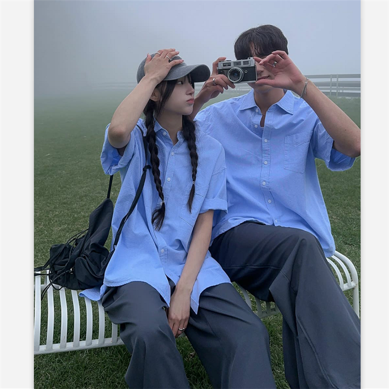 【精品】满68包邮◆2026夏季情侣款港风潮流百搭口袋宽松短袖衬衫