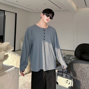 【精品】满68包邮◆2026春秋男款慵懒风宽松大领口长袖T恤打底衫