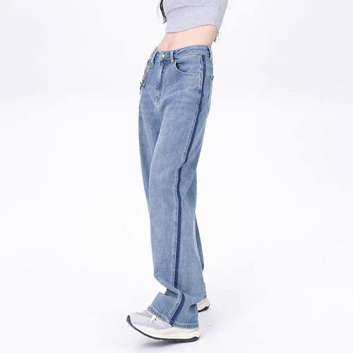 【精品】满68包邮◆2025春秋男女同款美式高街侧边撞色直筒牛仔裤