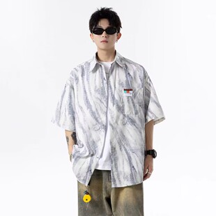 【精品】满68包邮◆202525夏季男女美式格子短袖宽松扎染休闲衬衫