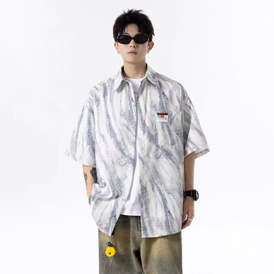 【精品】满68包邮◆202525夏季男女美式格子短袖宽松扎染休闲衬衫