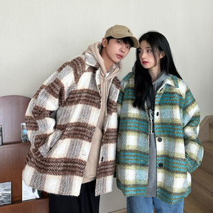 包邮 满68 2025冬季 男女同款 潮流百搭格子毛呢大衣 韩版 精品