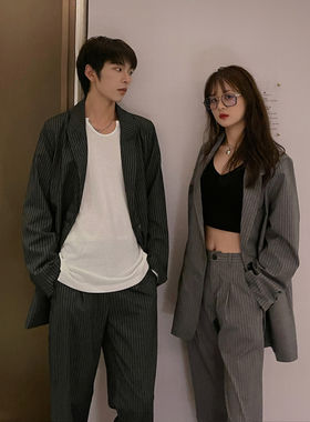 【精品】满68包邮◆2025春秋男女款韩版潮流时尚百搭条纹休闲西服