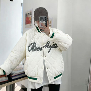 包邮 满68 棉服秋冬外套棒球服菱形格刺绣棉衣外套男女 精品