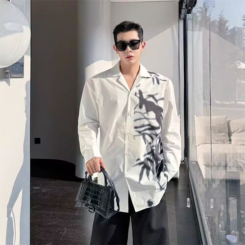 【精品】满68包邮◆2026春秋青少年新中式水墨印花百搭痞帅衬衫