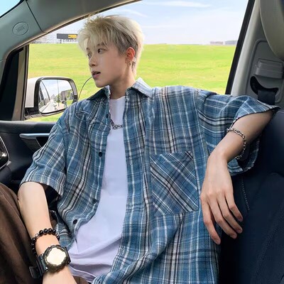 【精品】满68包邮◆2025春秋青少年港风潮流格子时尚百搭短袖衬衫