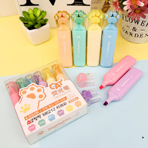 大容量荧光笔彩色标记笔猫爪可爱荧光笔小学生可爱学生用多色画重点做笔记双头记号笔荧光笔