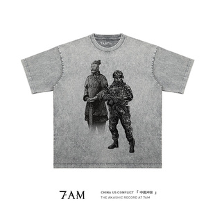 7AM T恤ins高街 中美文化哲学小众水洗做旧纯棉宽松短袖