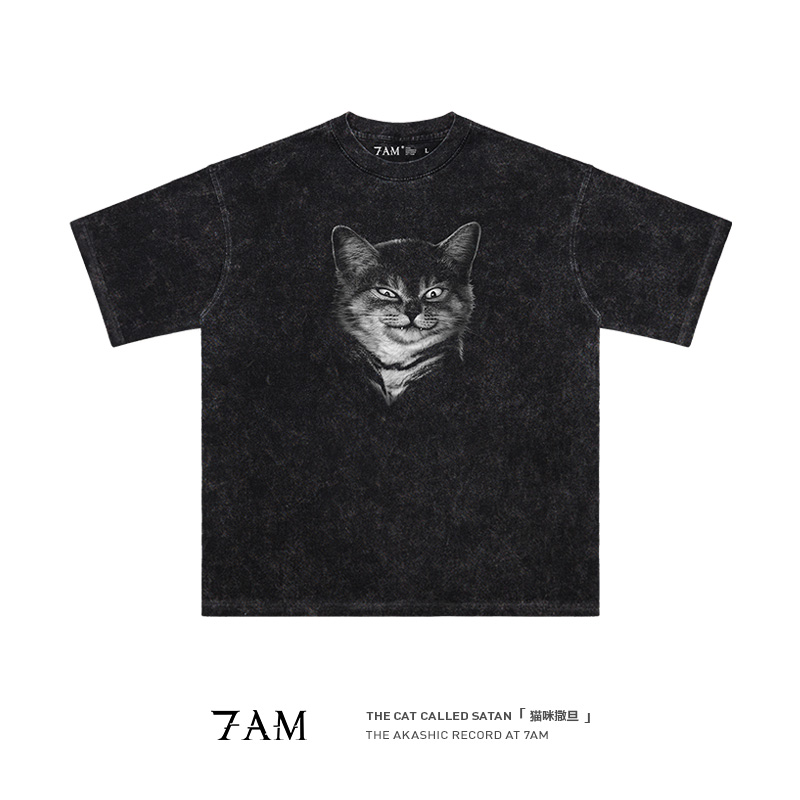 7AM-撒旦猫猫小众宠物ins爆款水洗做旧纯棉宽松短袖T恤高街