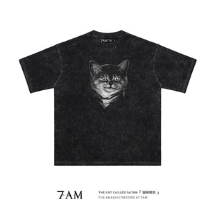 T恤高街 水洗做旧纯棉宽松短袖 7AM 撒旦猫猫小众宠物ins爆款