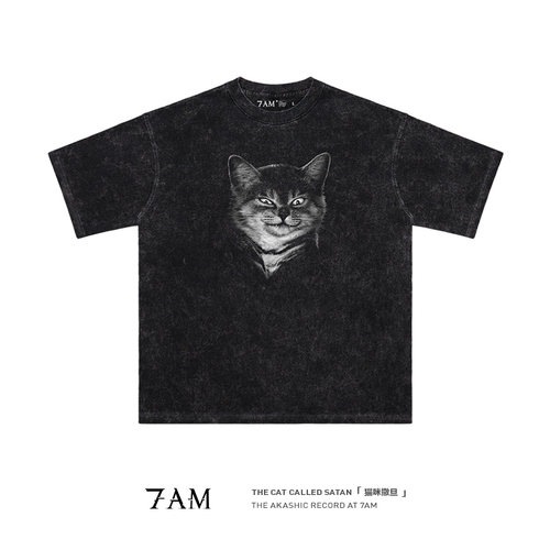 7AM-撒旦猫猫小众宠物ins爆款水洗做旧纯棉宽松短袖T恤高街