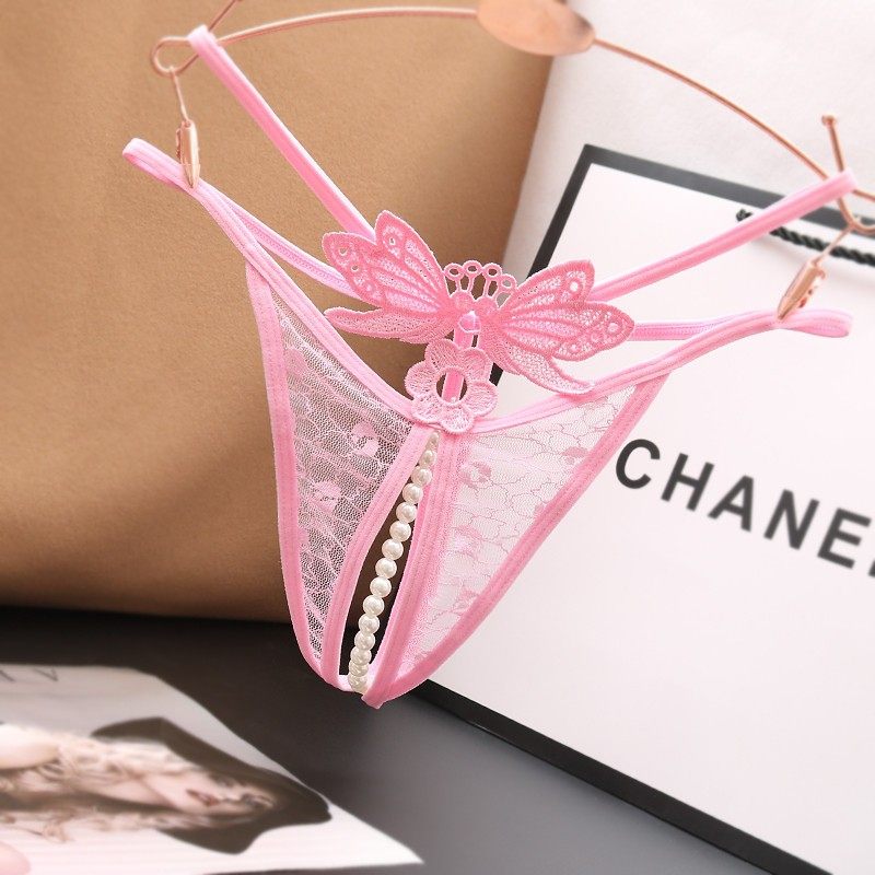 中国风女士蝴蝶丁字裤蕾丝内裤珍珠开裆网纱透视低腰纯色柔美多色