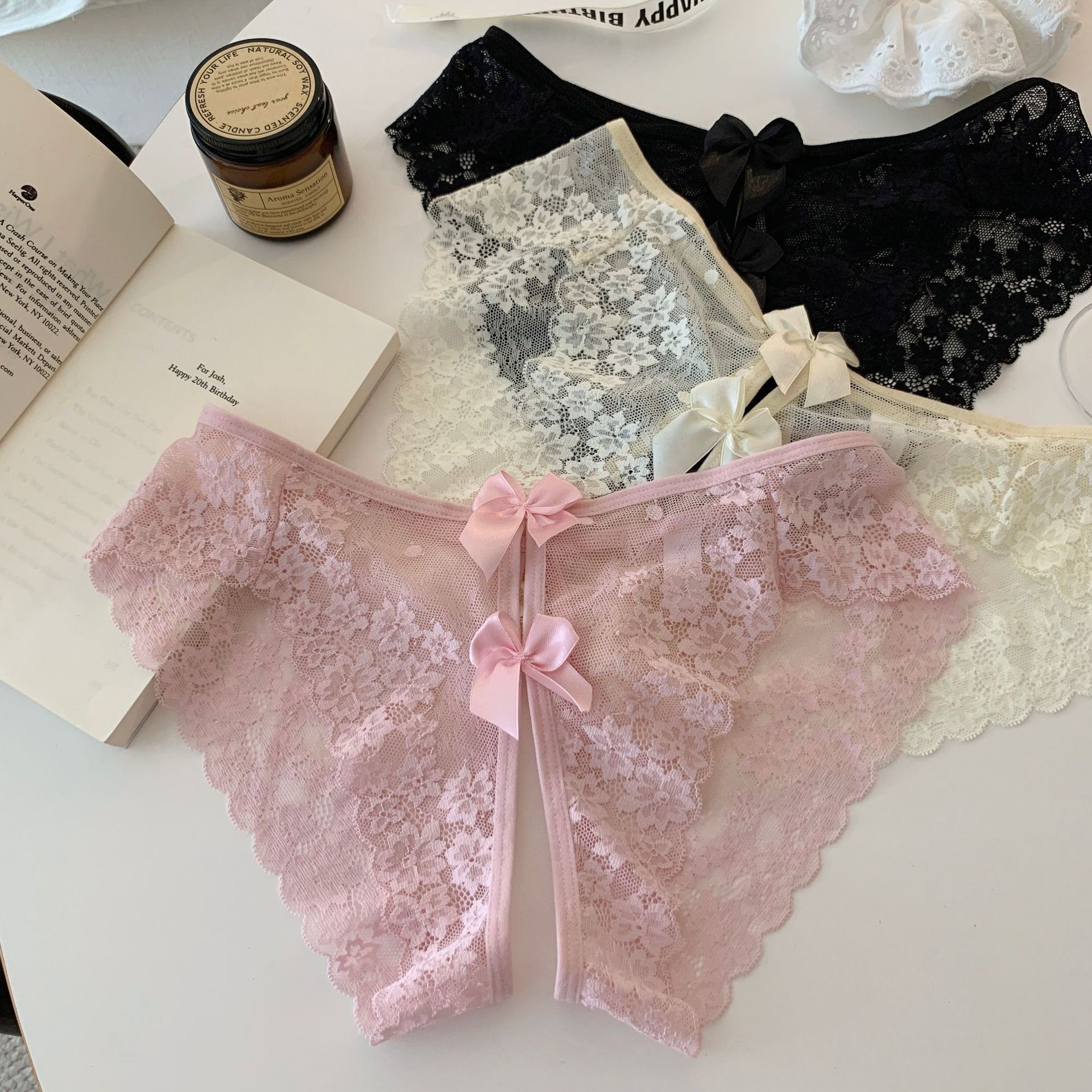 法式蕾丝女三角裤蝴蝶结装饰薄款无痕性感内裤透视速干甜美四季新