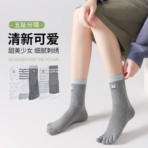 五指袜子女中筒袜精梳棉条纹网眼春季新款休闲分趾袜薄款女短筒