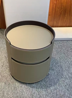 L159马鞍皮圆形床头柜45cm宽小床头柜意式极简轻奢床头柜缓冲轨道