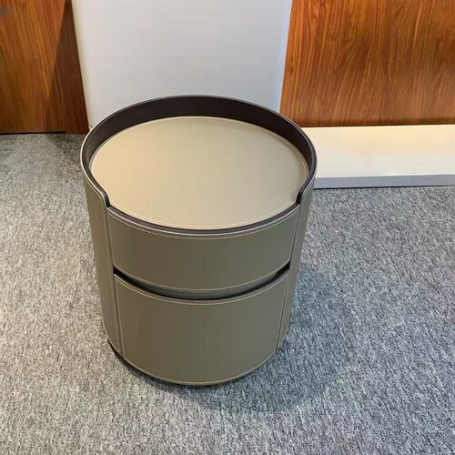 L159马鞍皮圆形床头柜45cm宽小床头柜意式极简轻奢床头柜缓冲轨道