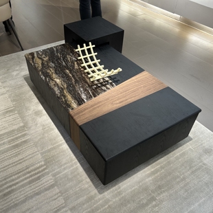 L263意式极简中古风客厅茶几璀璨星河奢石天然大理石黑色木纹茶几