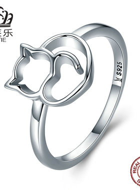 艾芙乐 动物系列调皮猫咪S925纯银戒指 个性简约镂空指环Y SCR104