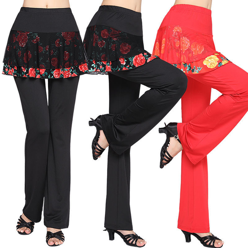 广场舞裙裤春夏新款牛奶丝舞蹈裤子假两件拉丁舞长裤喇叭裤练功裤