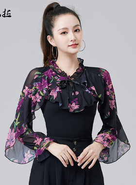 拉丁舞春秋新款长袖印花上衣摩登舞国标练功服广场舞演出服成人女