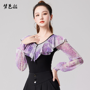 春夏新款摩登舞上衣女拉丁舞练功服民族风舞衣网纱连体高档舞蹈服