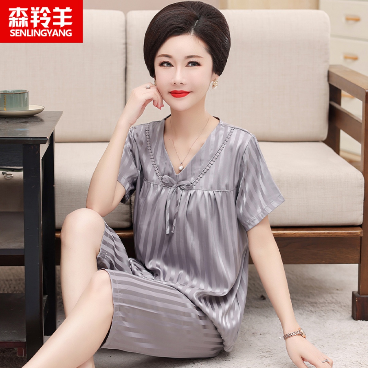 夏季女士短袖七分中裤真丝绸睡衣夏天薄款冰丝大码妈妈套装家居服