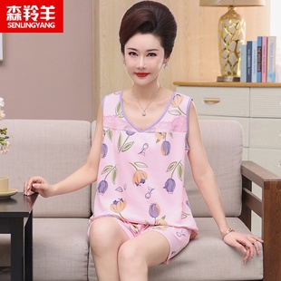 夏季 背心无袖 中年人妈妈加大码 睡衣女纯棉薄款 短裤 休闲家居服套装