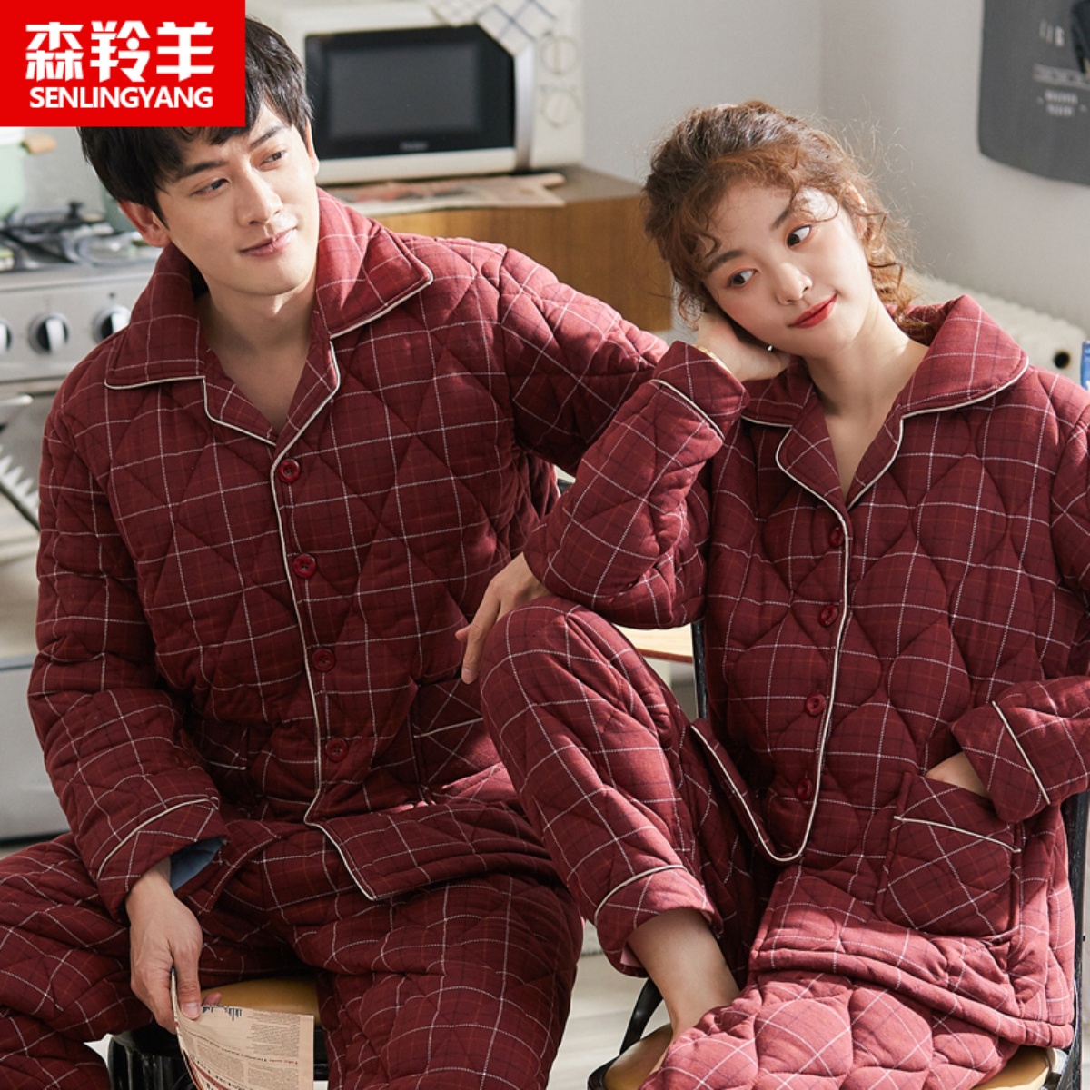 妈妈情侣睡衣女秋冬中年厚款纯棉