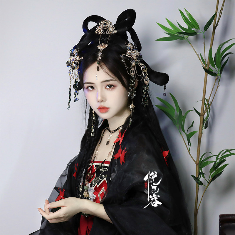 悦己容[耀月莲]原创古风汉服暗黑系套装发冠饰品发夹古典璎珞项链