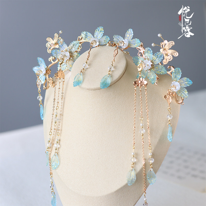 悦己容[珈蓝意]古风头饰琉璃花瓣水晶珠发夹花钿发冠套装汉服发饰