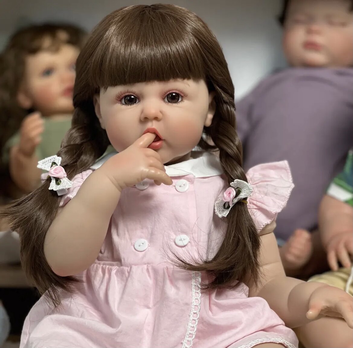 60cm硅胶吃手指棕色麻花辫重生娃娃 仿真婴儿洋娃娃人偶模型玩具