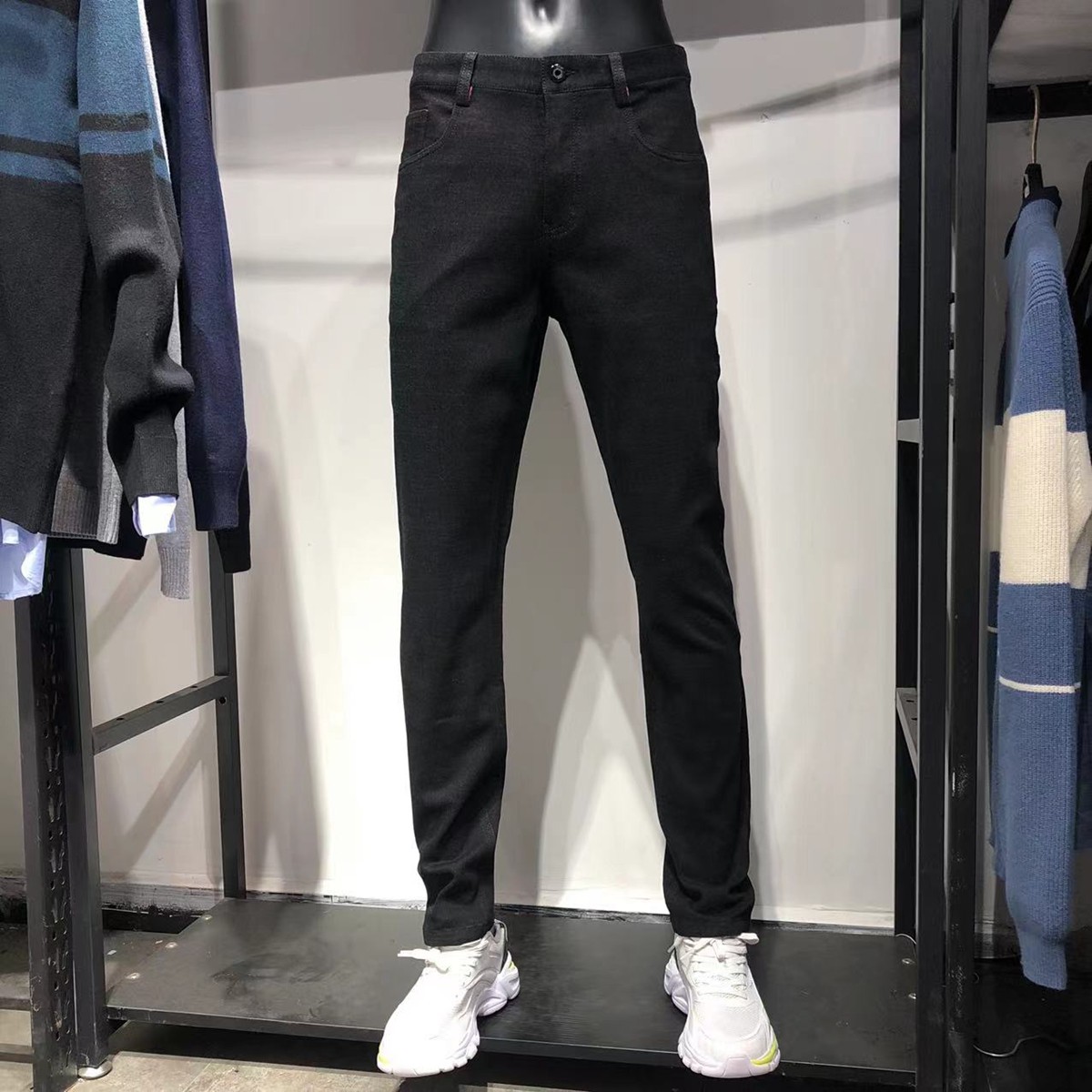 品牌男装商场撤秋冬厚款略修身青年磨毛保暖黑小脚中腰长裤牛仔裤