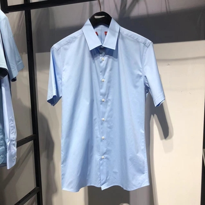 品牌男装商务夏天蓝纯色短袖衬衫