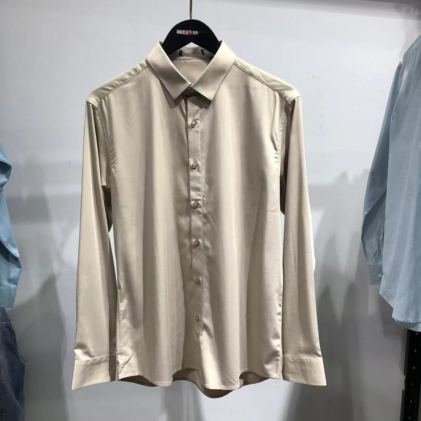 品牌男装！大牌撤柜！男士商务长袖衬衫修身翻领卡其色秋款衬衣薄