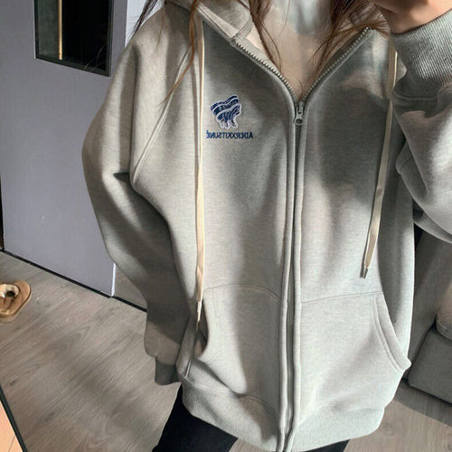 狐狸刺绣加绒连帽开衫卫衣女情侣