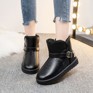 学生棉鞋 女鞋 靴子 韩版 皮面雪地靴女防水防滑短筒保暖加绒加厚冬季