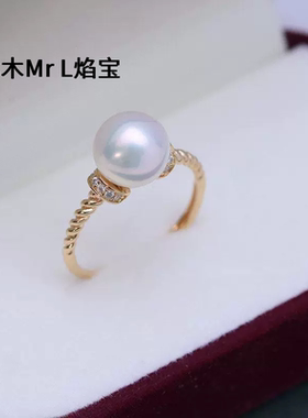 诸暨淡水8-9mm白色正圆强光细微瑕珍珠戒指S925银麻花款开口指环
