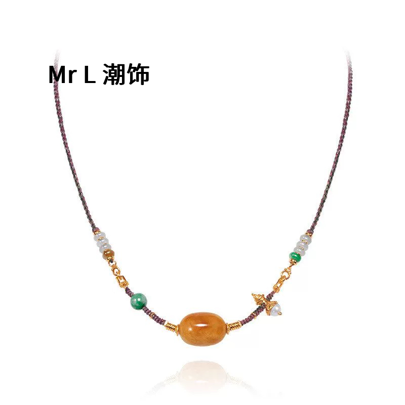 天然俄料老蜜蜡吊坠项链女款银镀金翡翠纯手工编织进口绳2025新款