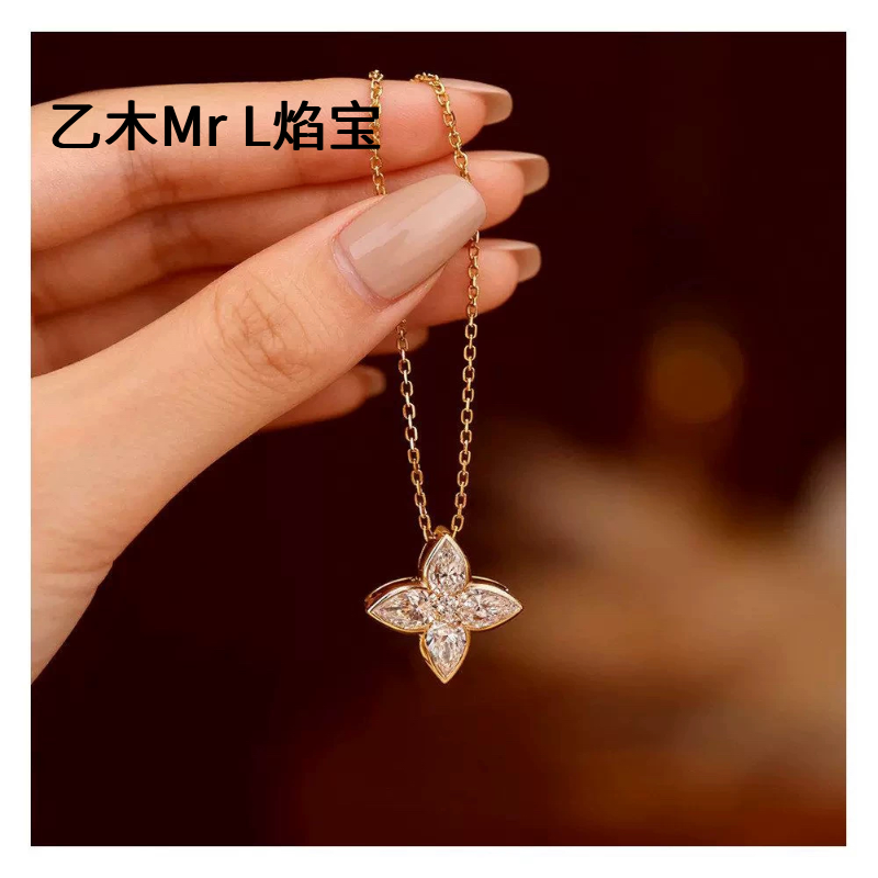 经典百搭S925纯银莫桑石超闪四叶花水滴吊坠项链项链豪华时尚气质
